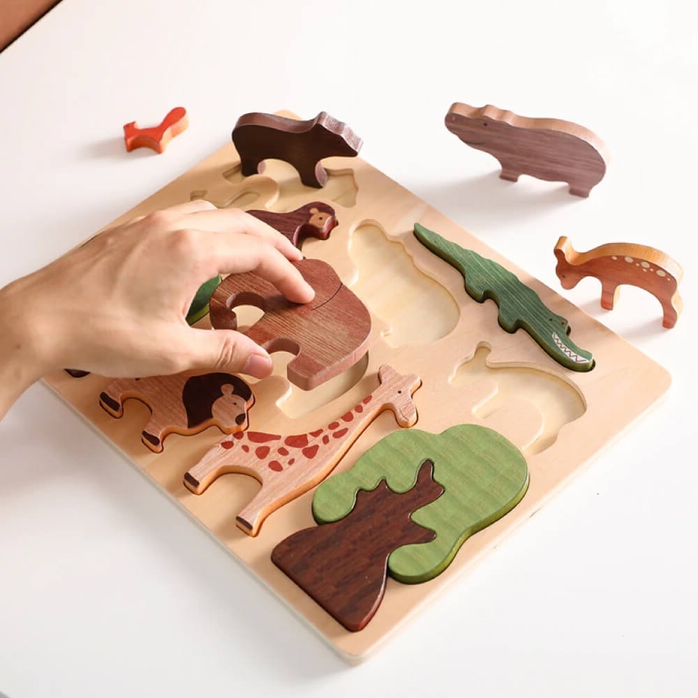 wooden puzzle game cute animal designs hand-eye coordination, gross motor skills, shape recognition, problem-solving abilities, thinking skills children toddlers toddler preschooler early learning animals shapes colors wood wooden toy gift birthday christmas