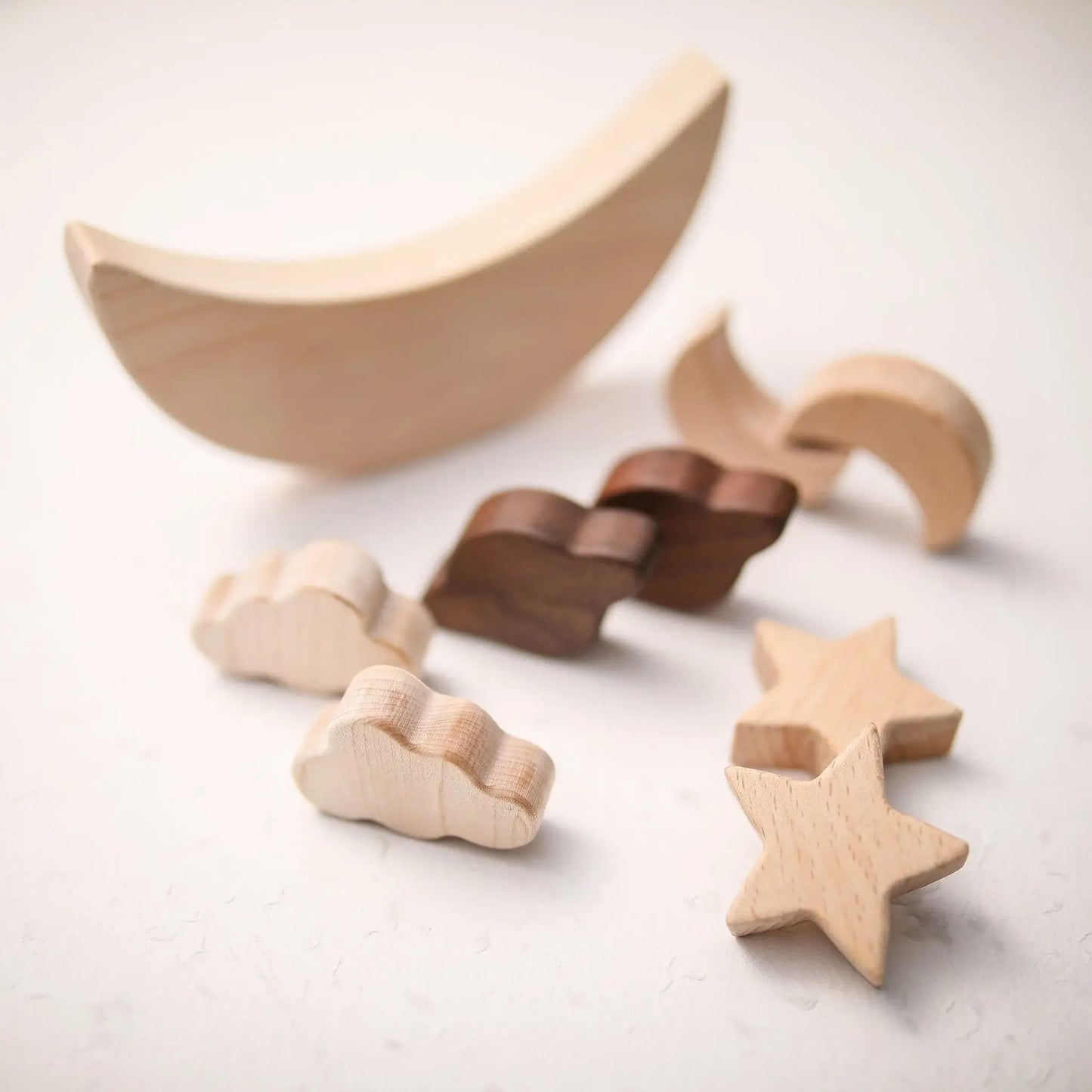Wooden Montessori-style Space Balance set star moon shapes creative stacking balancing play. spatial awareness, cause-and-effect, fine motor skills kids of all ages. Safe durable, raw wood food-grade chewable quality Easy to clean long-lasting gift birthday christmas toddler baby