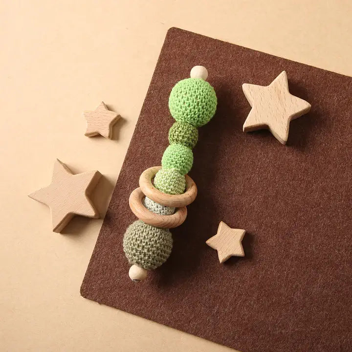 A sensory teething rattle CROCHET TOY for babies and young children - Helps exercise finger-gripping ability and enhance wrist power Montessori Learning Educational Gift idea Birthday Christmas Quality Wood Organic Wooden Toys Toddler Baby