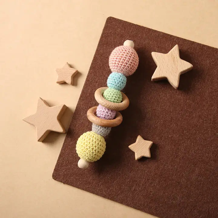 A sensory teething rattle CROCHET TOY for babies and young children - Helps exercise finger-gripping ability and enhance wrist power Montessori Learning Educational Gift idea Birthday Christmas Quality Wood Organic Wooden Toys Toddler Baby