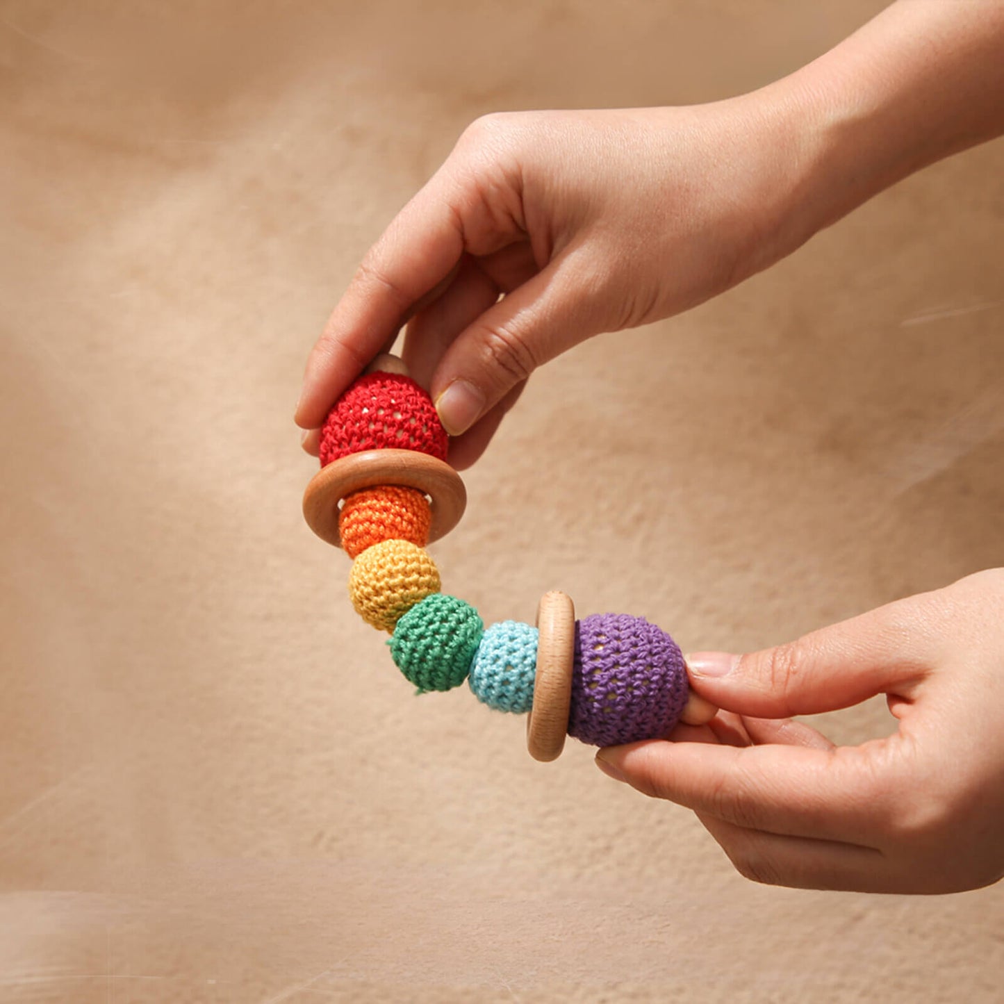 A sensory teething rattle CROCHET TOY for babies and young children - Helps exercise finger-gripping ability and enhance wrist power Montessori Learning Educational Gift idea Birthday Christmas Quality Wood Organic Wooden Toys Toddler Baby