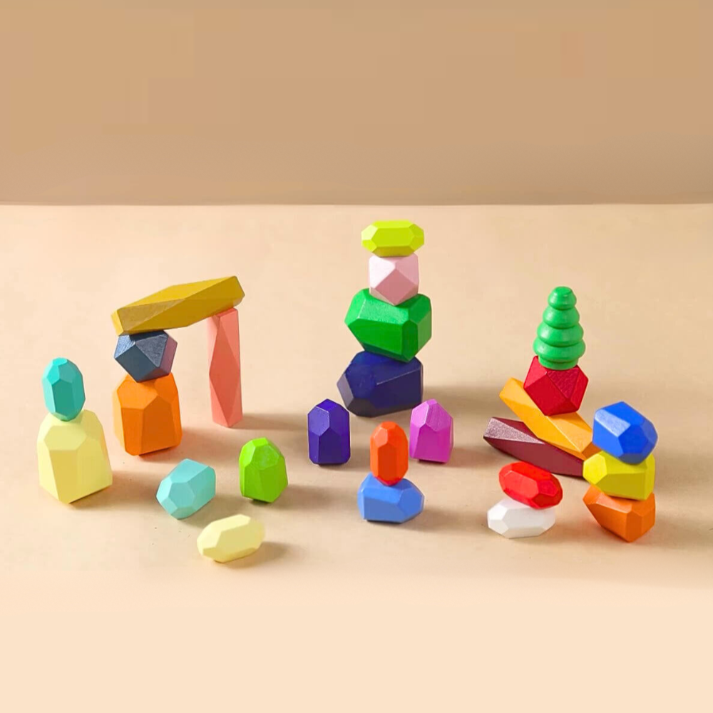 Montessori wooden stacking stones high-quality beech wood safe, water-based paints vibrant colors, sensory motor development, problem-solving skills, creativity. kids toddlers children toddler gift birthday christmas