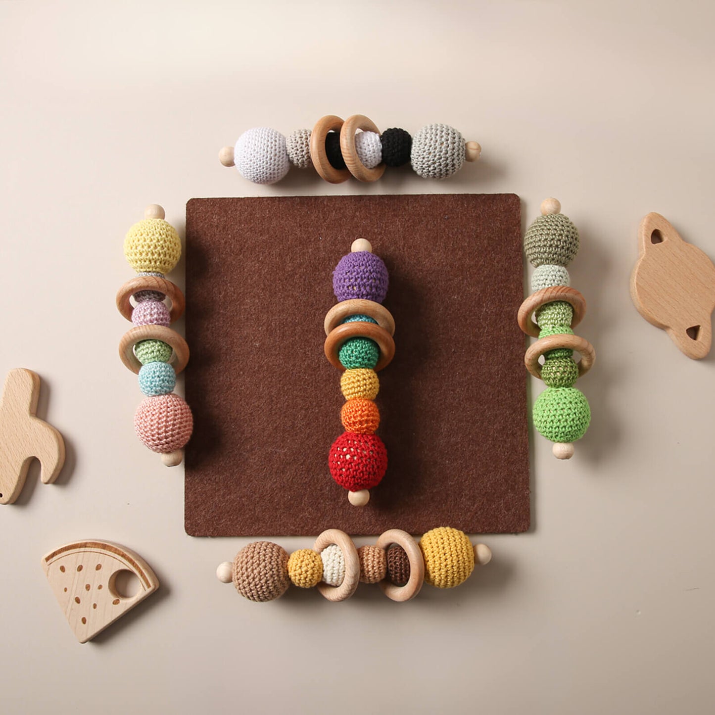 A sensory teething rattle CROCHET TOY for babies and young children - Helps exercise finger-gripping ability and enhance wrist power Montessori Learning Educational Gift idea Birthday Christmas Quality Wood Organic Wooden Toys Toddler Baby