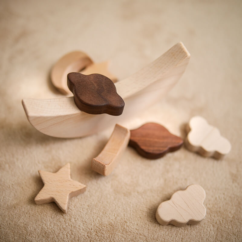 Wooden Montessori-style Space Balance set star moon shapes creative stacking balancing play. spatial awareness, cause-and-effect, fine motor skills kids of all ages. Safe durable, raw wood food-grade chewable quality Easy to clean long-lasting gift birthday christmas toddler baby
