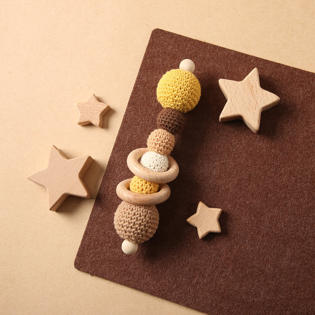 A sensory teething rattle CROCHET TOY for babies and young children - Helps exercise finger-gripping ability and enhance wrist power Montessori Learning Educational Gift idea Birthday Christmas Quality Wood Organic Wooden Toys Toddler Baby