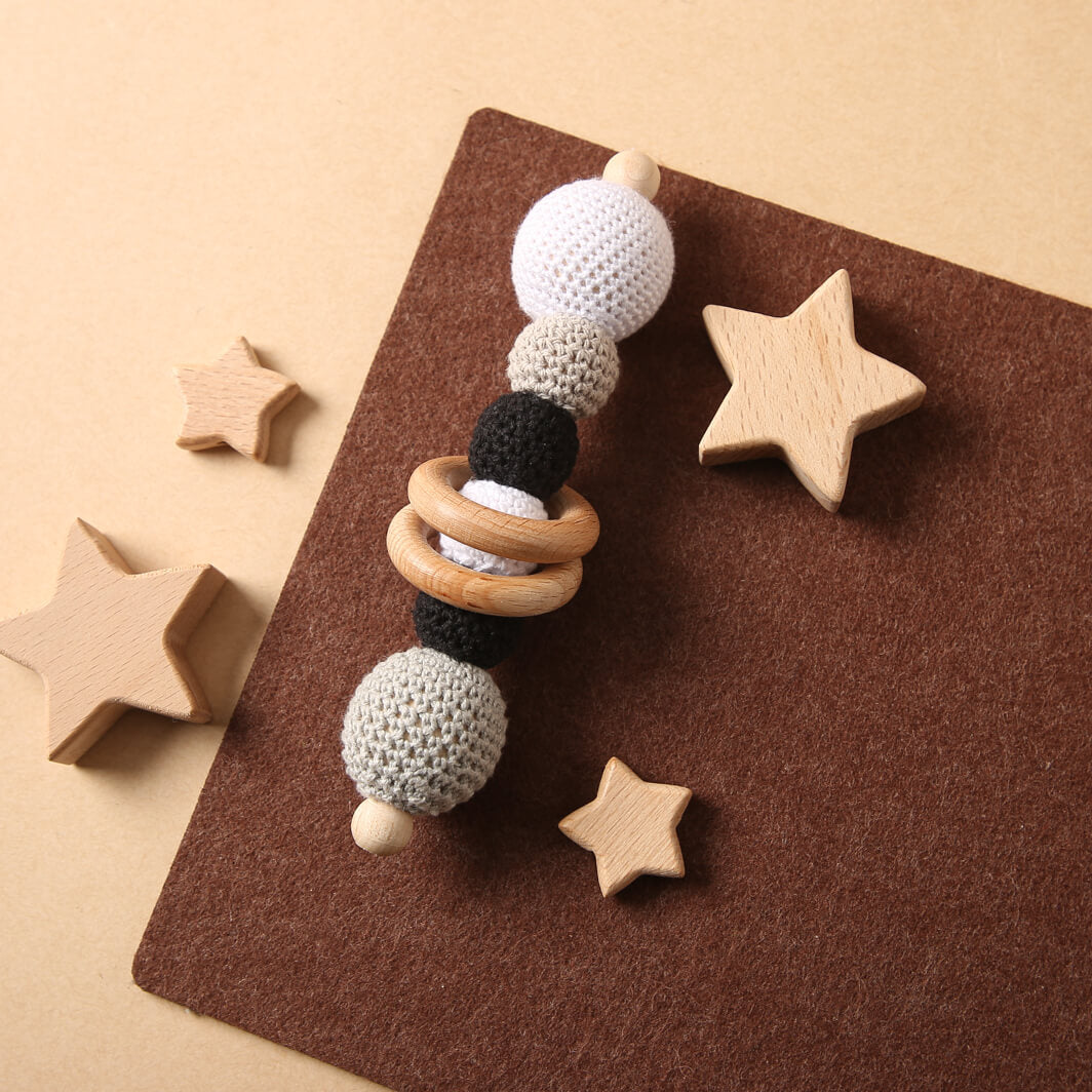 A sensory teething rattle CROCHET TOY for babies and young children - Helps exercise finger-gripping ability and enhance wrist power Montessori Learning Educational Gift idea Birthday Christmas Quality Wood Organic Wooden Toys Toddler Baby