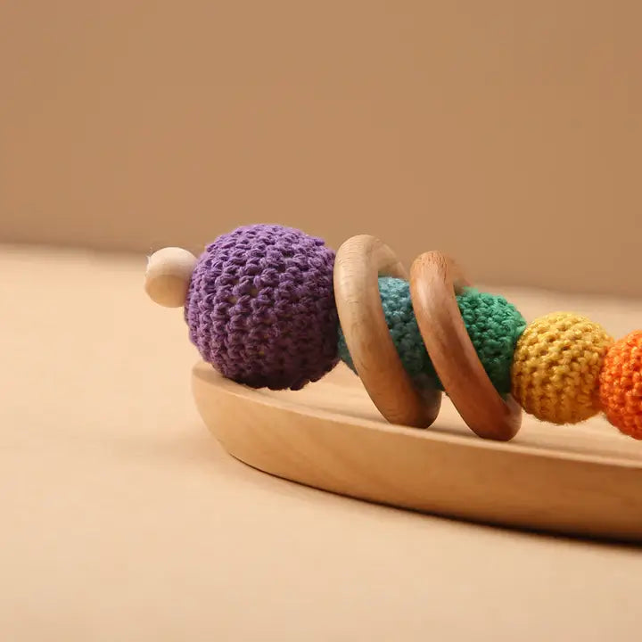 A sensory teething rattle CROCHET TOY for babies and young children - Helps exercise finger-gripping ability and enhance wrist power Montessori Learning Educational Gift idea Birthday Christmas Quality Wood Organic Wooden Toys Toddler Baby