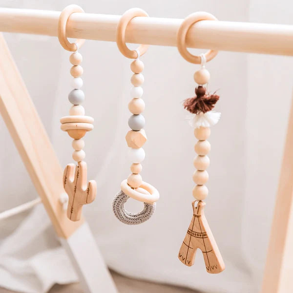 Handmade TIPI HANGING BABY GYM TOY SET - A set of hanging toys designed to promote baby's development through play. Montessori Learning Educational Gift idea Birthday Christmas Quality Wood Organic Wooden Cotton Toys Toddler Baby Board Games Puzzle