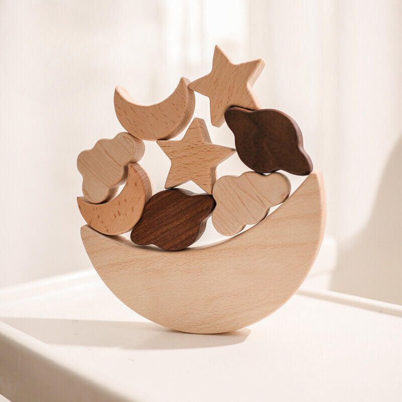 Wooden Montessori-style Space Balance set star moon shapes creative stacking balancing play. spatial awareness, cause-and-effect, fine motor skills kids of all ages. Safe durable, raw wood food-grade chewable quality Easy to clean long-lasting gift birthday christmas toddler baby