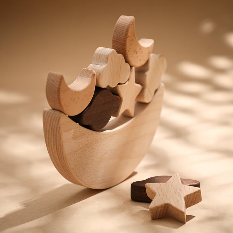 Wooden Montessori-style Space Balance set star moon shapes creative stacking balancing play. spatial awareness, cause-and-effect, fine motor skills kids of all ages. Safe durable, raw wood food-grade chewable quality Easy to clean long-lasting gift birthday christmas toddler baby