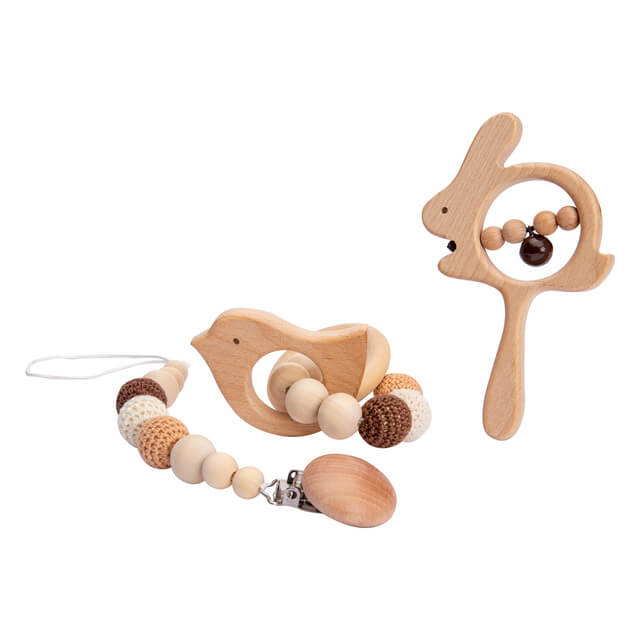 Childrens Toys Baby Pack Rattle Pacifer Teether Educational Toys Wooden Toys Baby gifts Brown