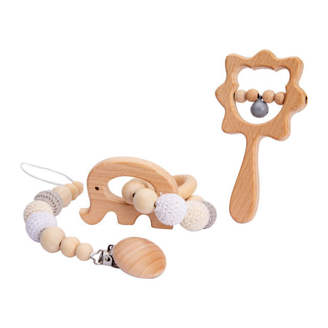Childrens Toys Baby Pack Rattle Pacifer Teether Educational Toys Wooden Toys Baby gifts Grey