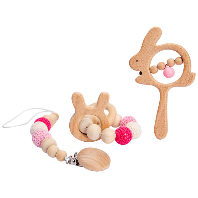 Childrens Toys Baby Pack Rattle Pacifer Teether Educational Toys Wooden Toys Baby gifts Grirl Pink