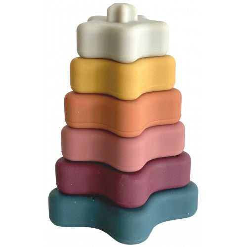 Stacking teether baby montessori silicone toys baby silicone star stackingset of colorful safe silicone stacking blocks cognitive fine motor development smooth edges colors imagination hand-eye coordination baby babies toddler toddlers pre-schoolers kids children gift birthday christmas