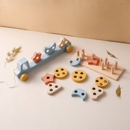 Shapes Truck wooden toy filled colorful shapes fine motor skills, problem-solving, shape color recognition. Montessori-inspired educational toy toddlers preschoolers, spatial intelligence, hand-eye coordination, counting abilities. wood high quality gift kids child children new parents birthday chirstmas toddler imagination
