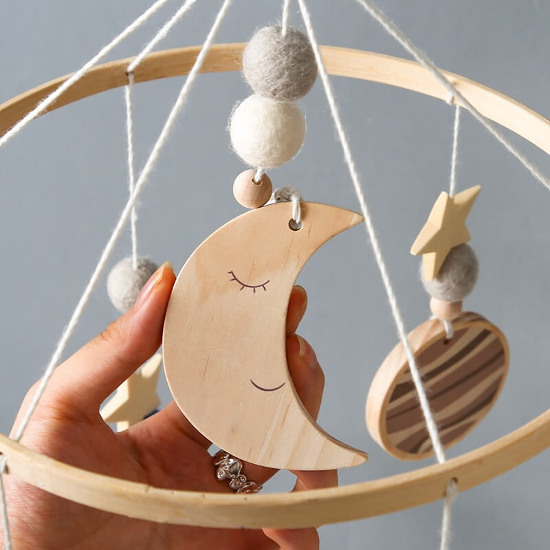 Wooden space-themed baby mobile with celestial designs, providing auditory, motor, visual stimulation infants. Crafted high-quality wood smooth burr-free design safety, new expecting parents gift baby new born baby birthday christmas